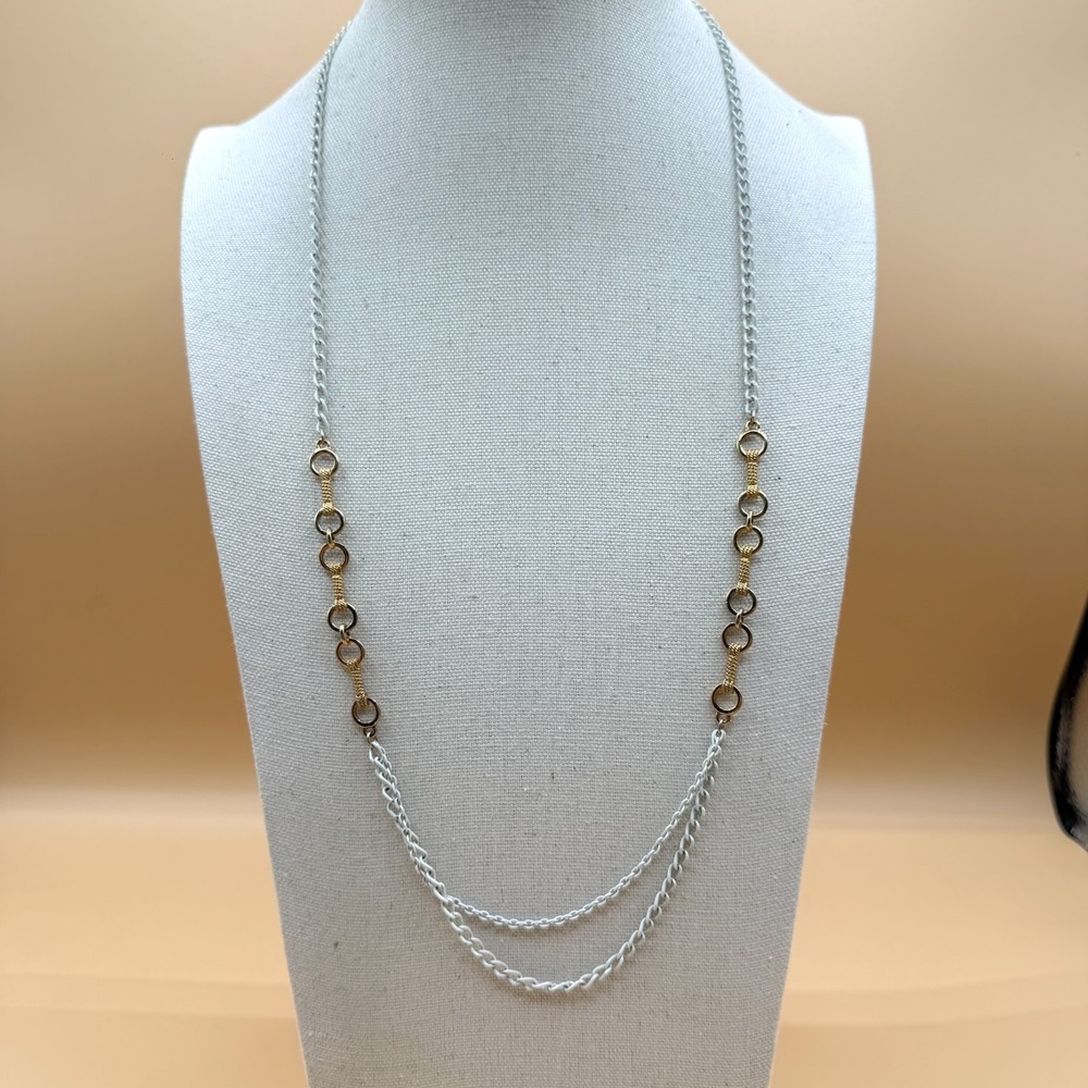 Two Tone White Gold Tone Double Chain Layered Necklace Circle Link Statement